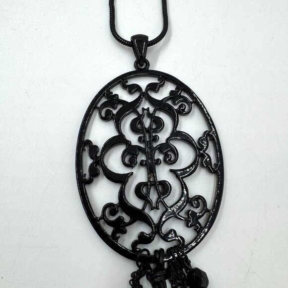 Black Goth Pendant Necklace With Dangling Charms & Beads On 34" Rope Chain - Picture 4 of 8